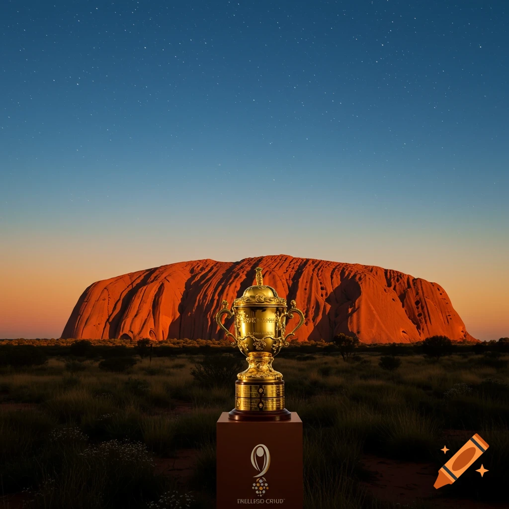 A golden trophy on a pedestal in a grassy field, with Uluru (Ayers Rock) and a starry sky in the background.
