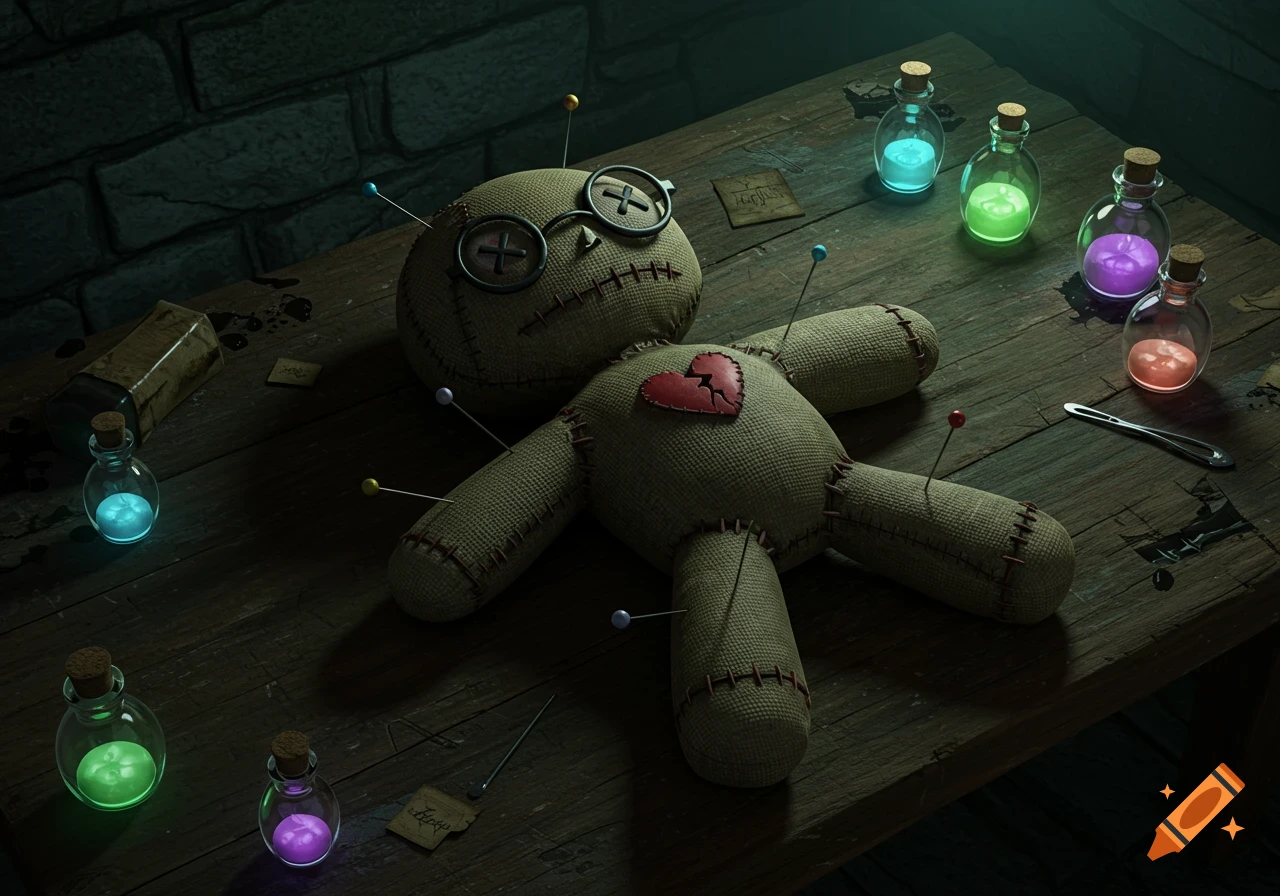 A stylized voodoo doll with pins, a cracked heart, glasses, and X-eyes lies on a wooden table in a dark basement, surrounded by glowing potions.