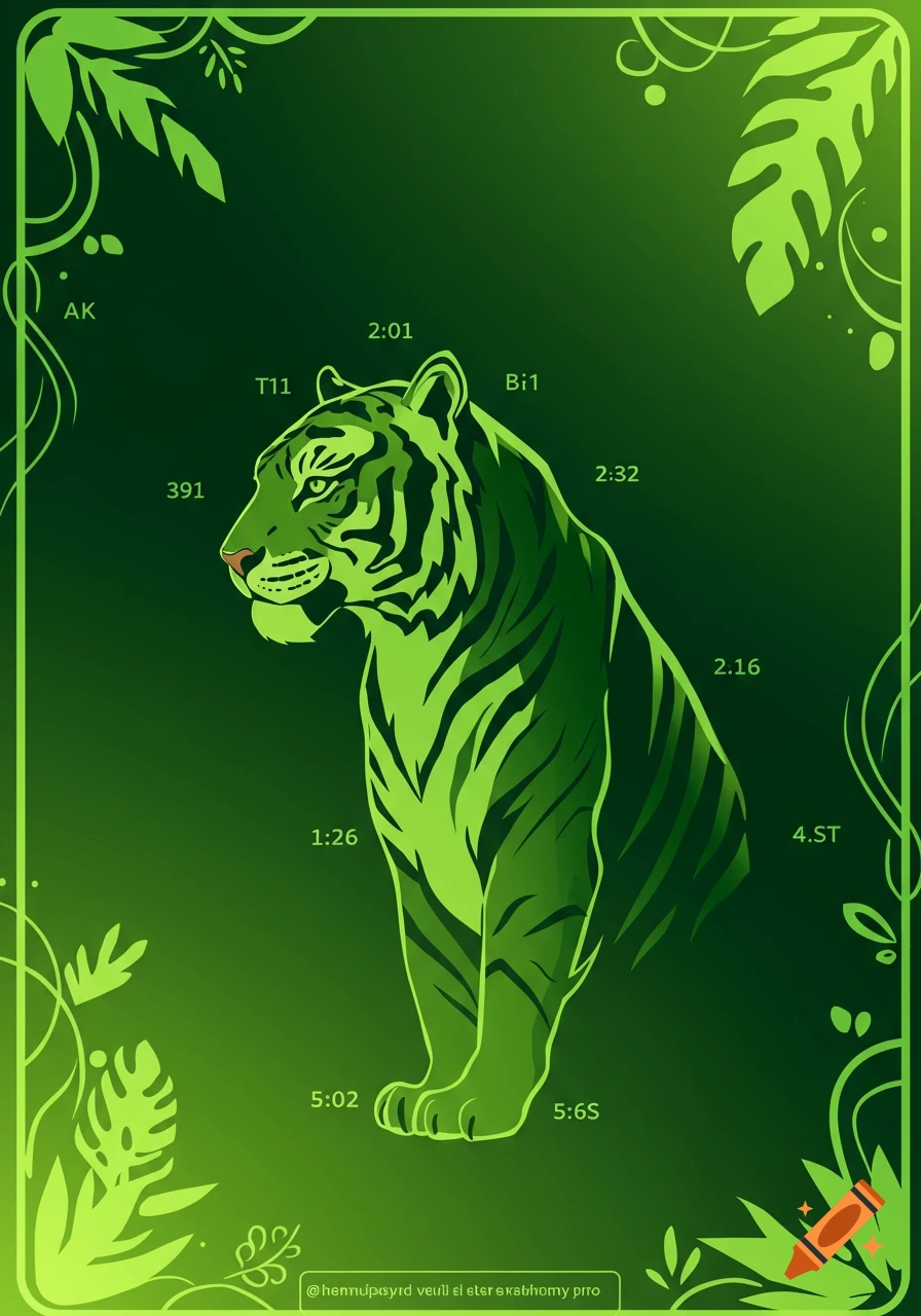 A stylized green tiger with dark stripes in profile, surrounded by green leaves and abstract text on a gradient green background, vector art.