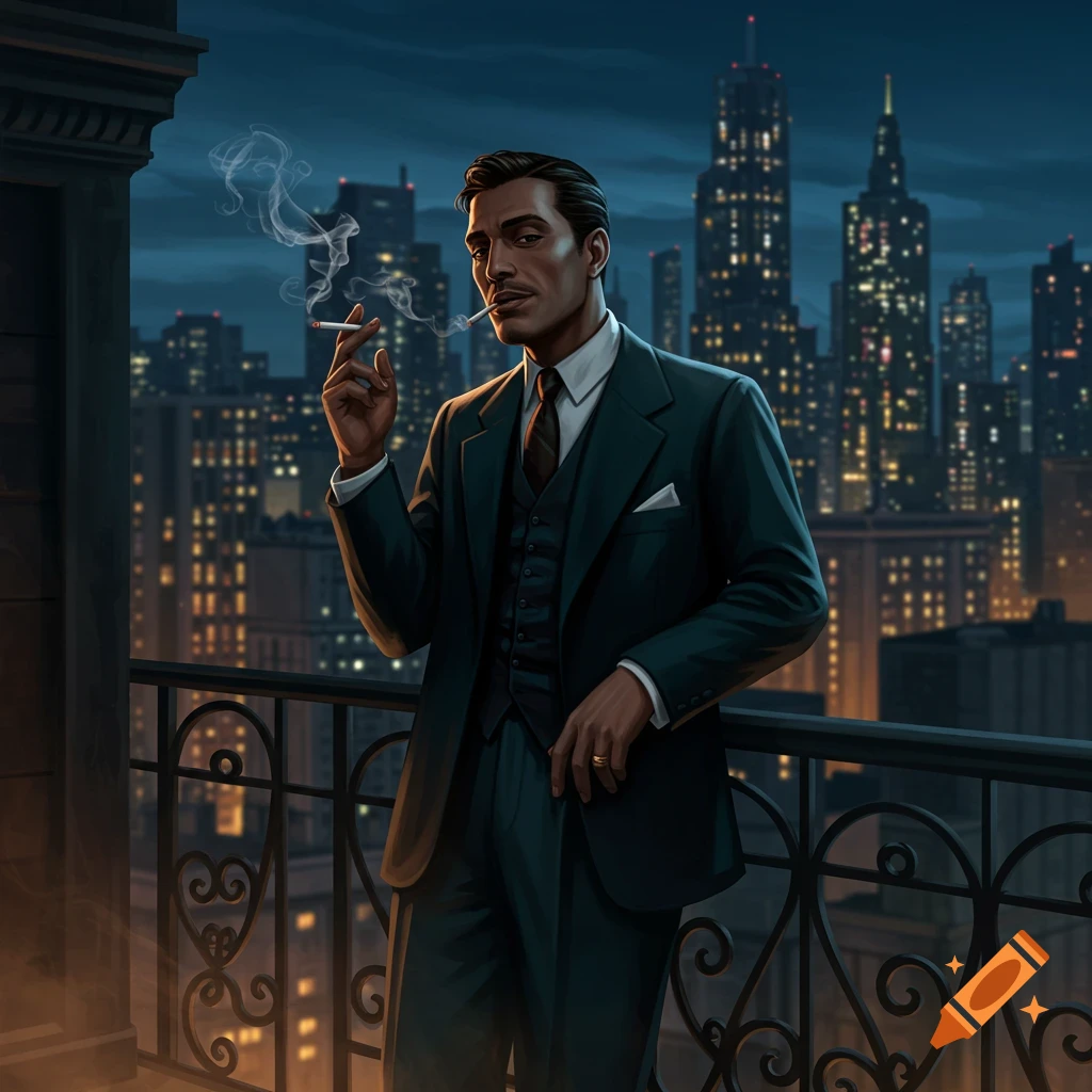 An illustrated man in a dark suit smoking a cigarette on a balcony overlooking a city at night.