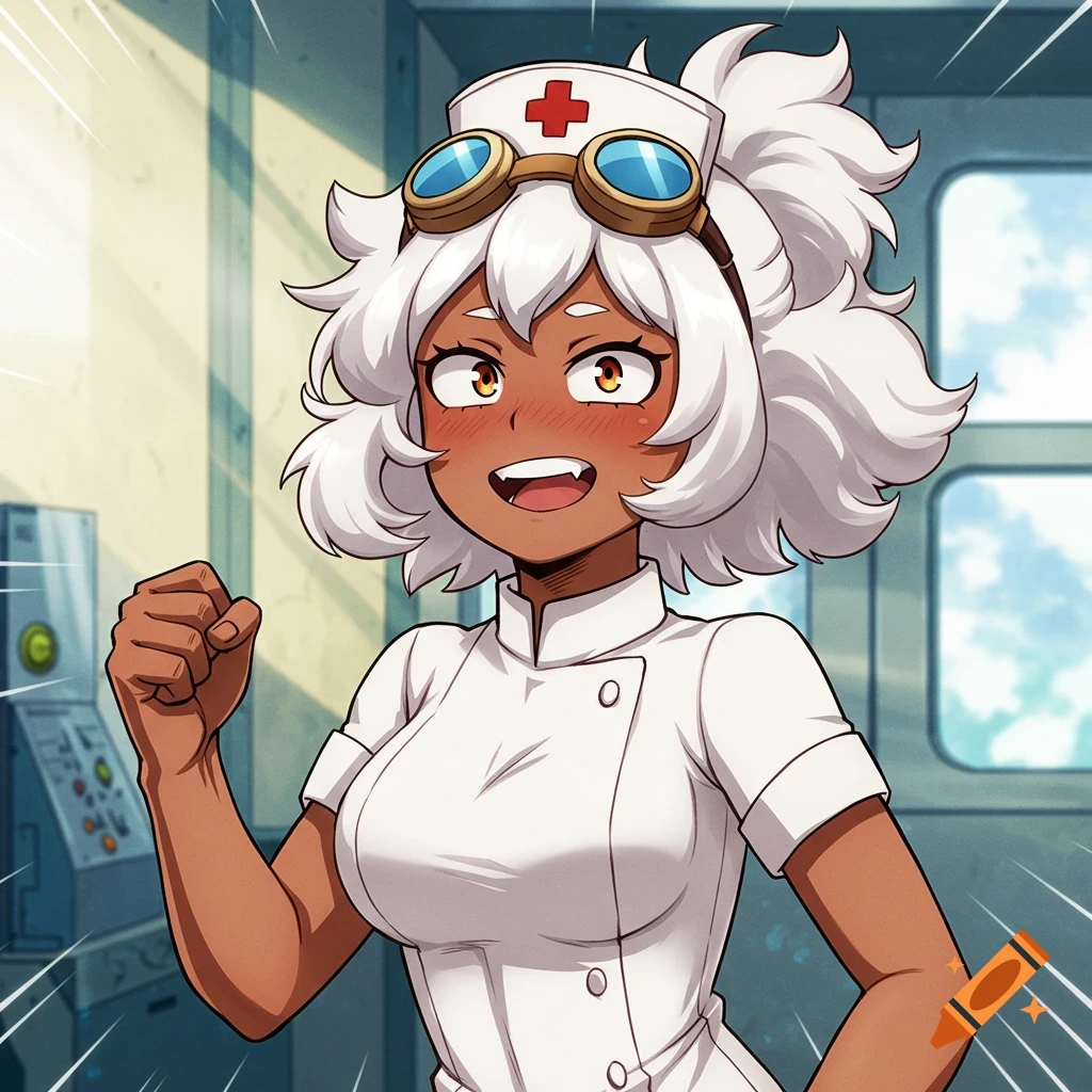 A tan anime girl with short fluffy white hair, goggles, and a nurse outfit blushes and smiles with a clenched fist.