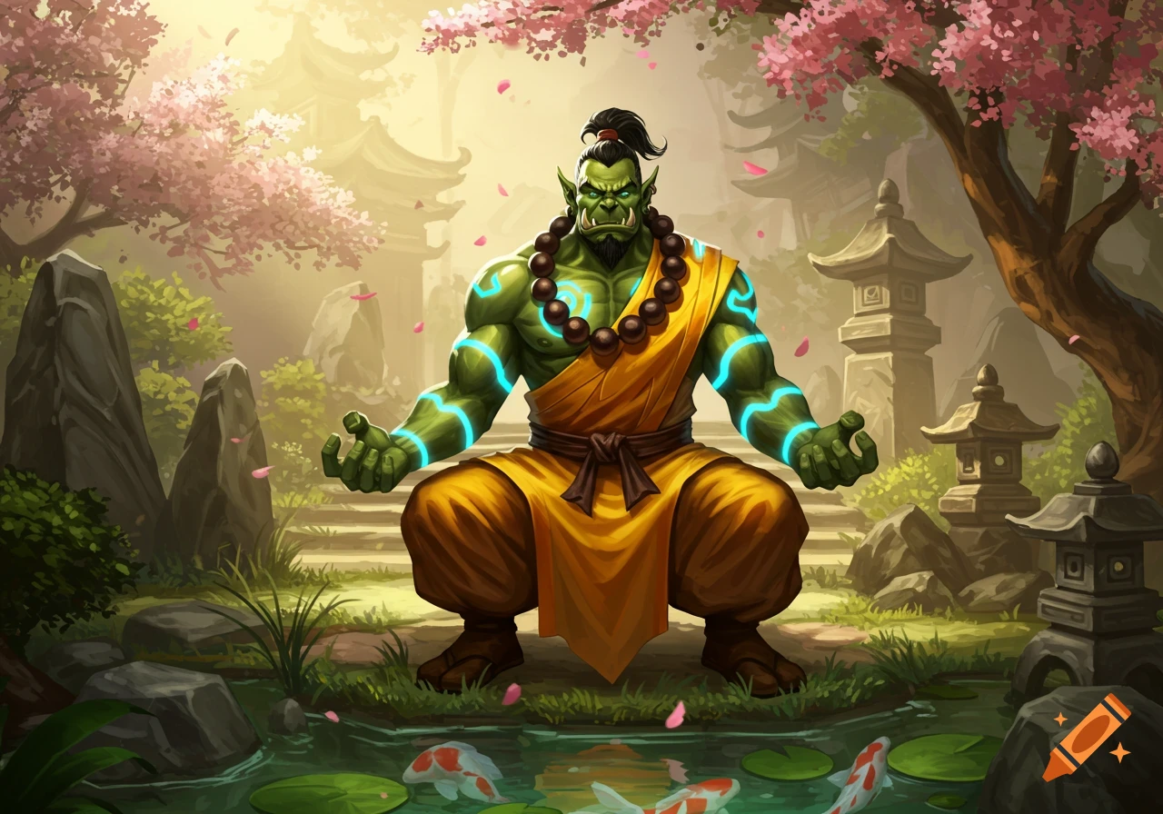 A green orc monk with glowing blue tattoos meditates in a vibrant Japanese garden with cherry blossoms, pagodas, and koi fish.