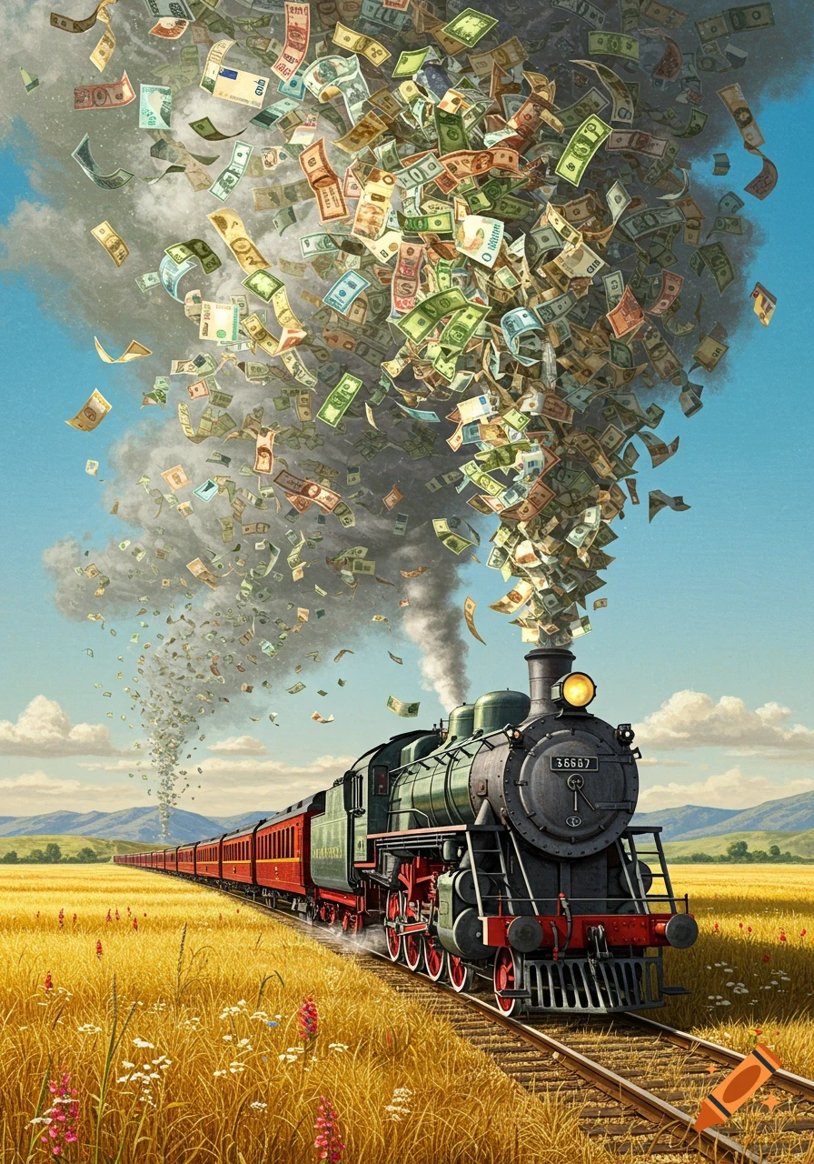 A steam train travels through a golden field, emitting a plume of smoke filled with various banknotes into a blue sky.