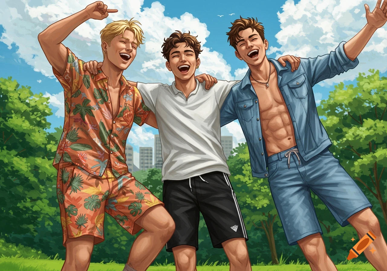 Three happy young men embracing in a sunny park against a city backdrop, stylized illustration.