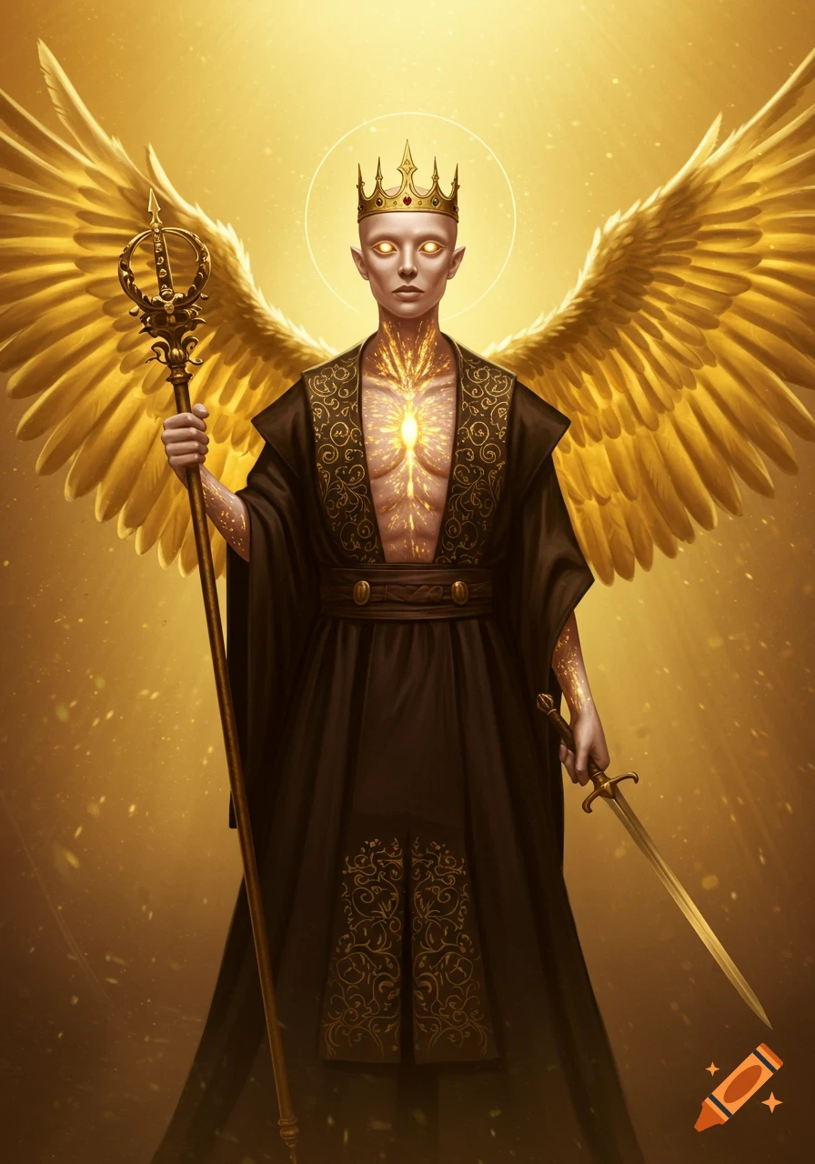 Androgynous angelic figure with golden wings, crown, dark robes, glowing chest, holding a scepter and sword.