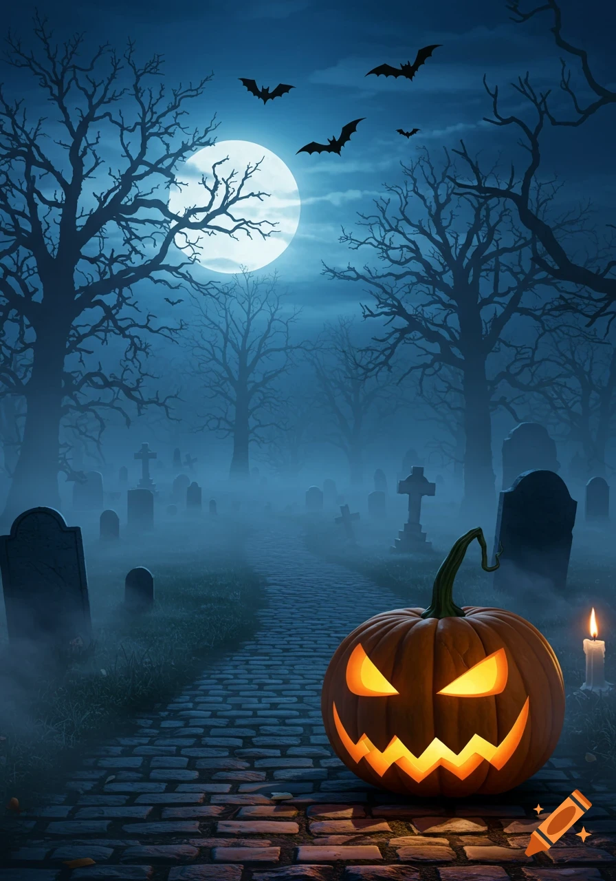 A spooky Halloween graveyard scene at night with a glowing jack-o'-lantern, bare trees, a full moon, and flying bats.