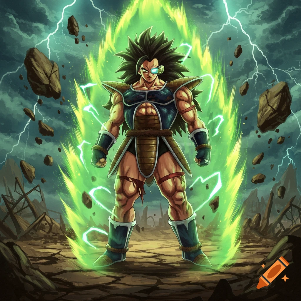 Muscular Raditz in a Super Saiyan form, glowing with a vibrant green aura, lightning, and floating rocks in a destroyed landscape.