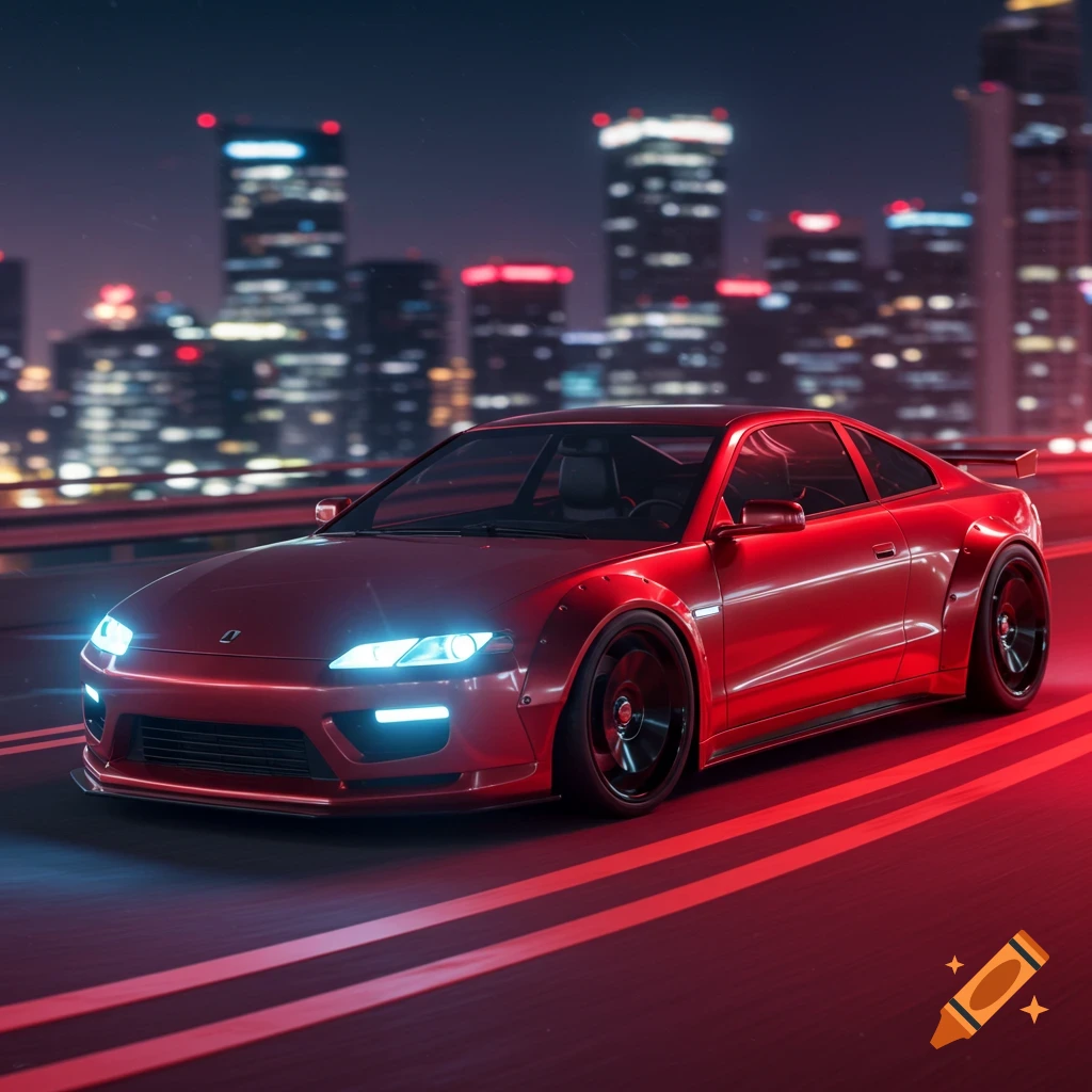 A sleek red sports car with bright headlights drives on a city road at ...