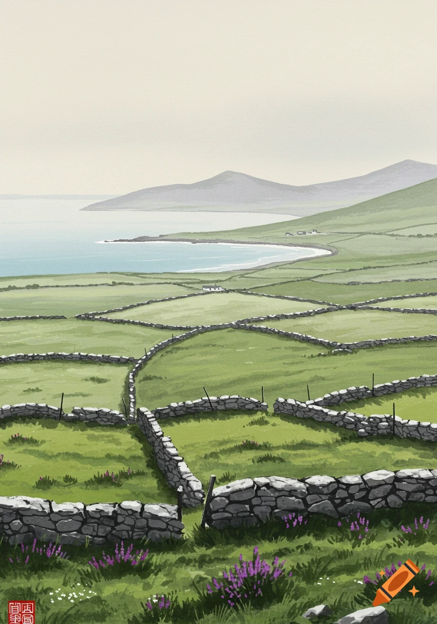 An ink painting of the Dingle peninsula in Ireland, featuring green fields divided by stone walls, a calm bay, and mountains under a soft, pale sky.