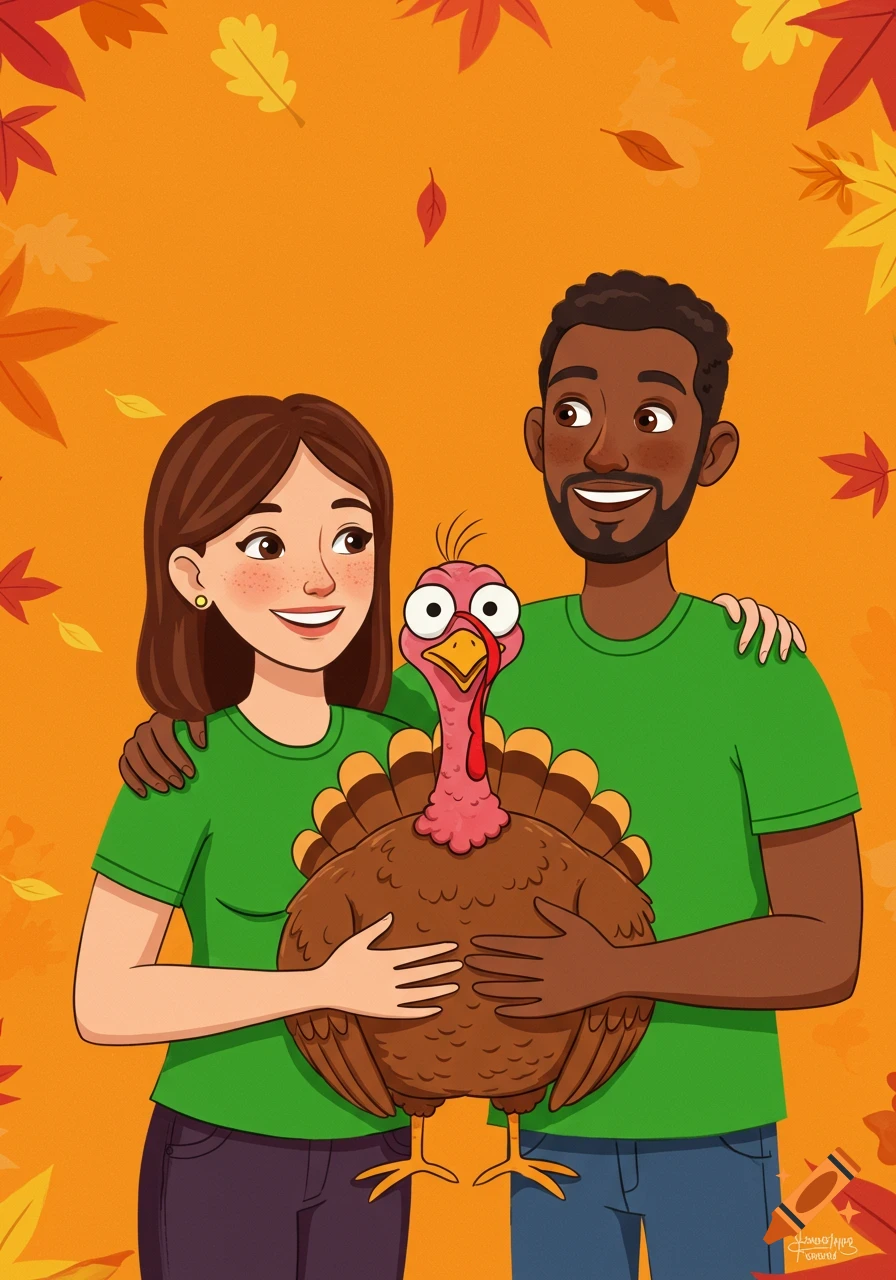 A smiling cartoon man and woman in green shirts embrace a cheerful turkey, surrounded by autumn leaves on an orange background.