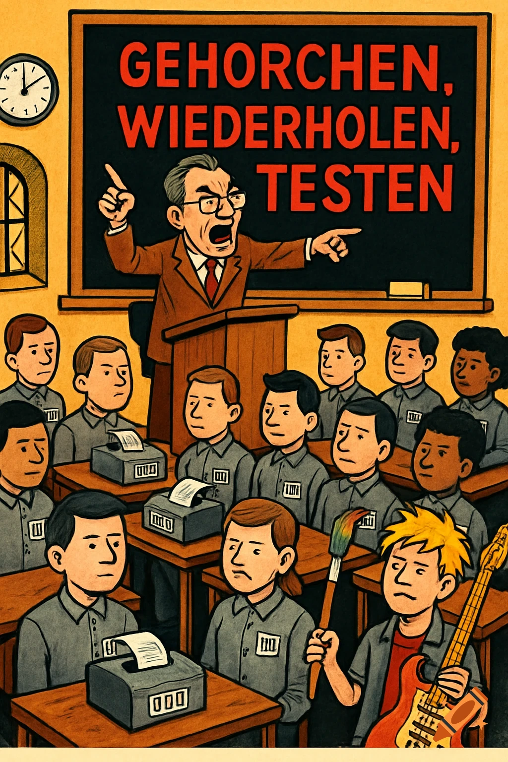 A satirical cartoon illustration of a teacher yelling from a podium at students in uniforms with test machines in a classroom.