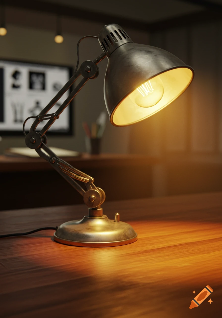 A photorealistic, classic articulating desk lamp with a glowing Edison bulb illuminates a wooden desk in a dimly lit room.