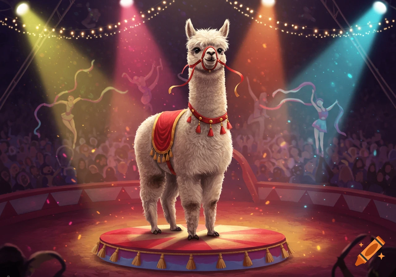 A fluffy white alpaca wearing a red and gold harness stands on a circus stage under spotlights, with blurred acrobats and an audience in the background.