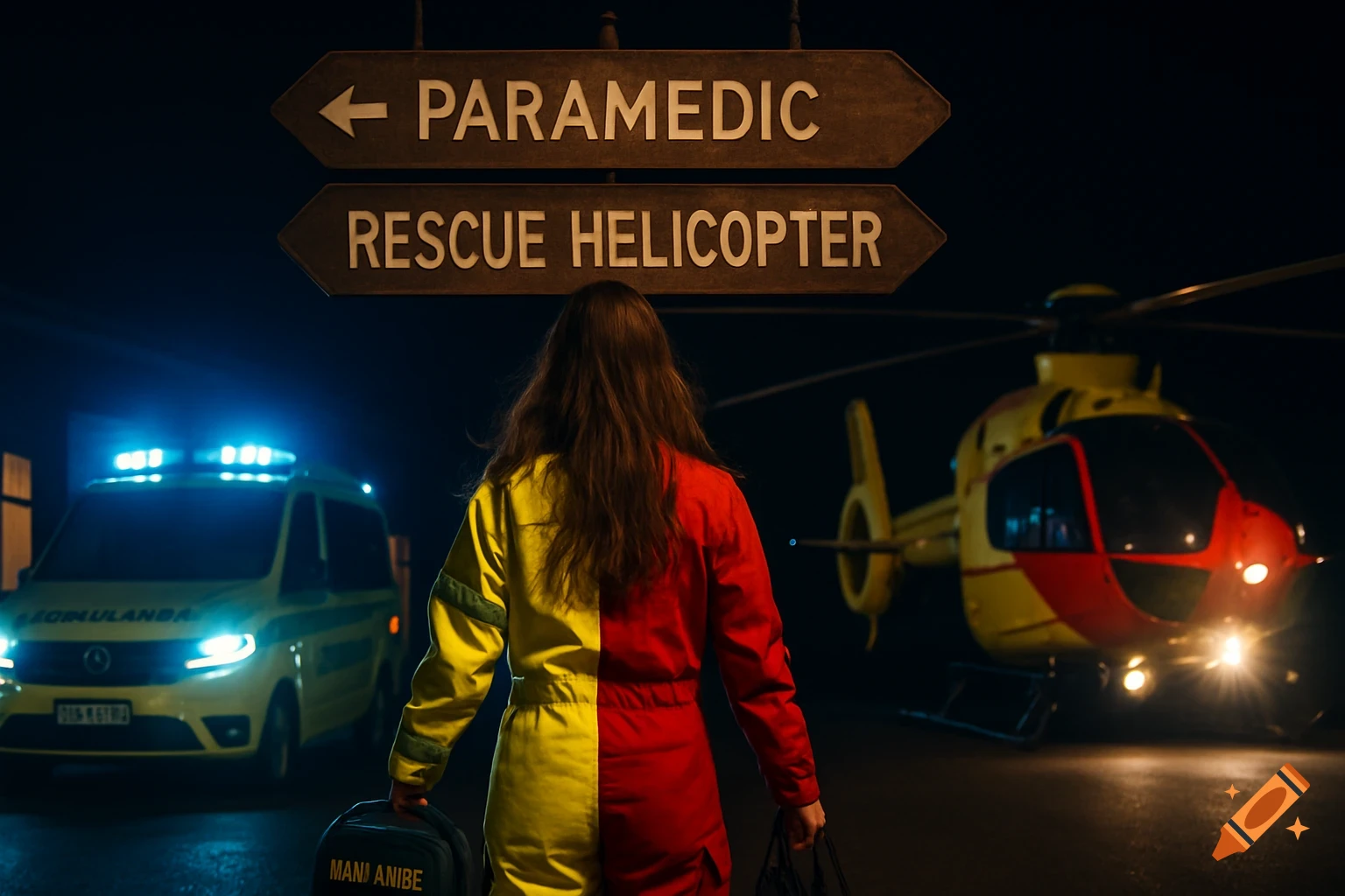 A person in a split red and yellow uniform stands between an ambulance and a rescue helicopter at night, under signs pointing to "Paramedic" and "Rescue Helicopter".