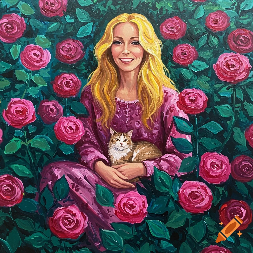 Acrylic painting of a smiling blonde woman holding a cat in a rose garden, in the style of Matisse.