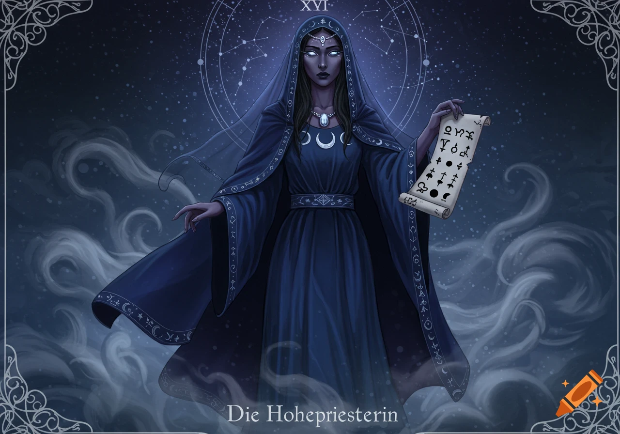 An illustrated fantasy art of a dark priestess with glowing eyes, wearing a blue hooded robe, holding a scroll with symbols, against a starry, misty sky. Text reads "XVI" and "Die Hohepriesterin".