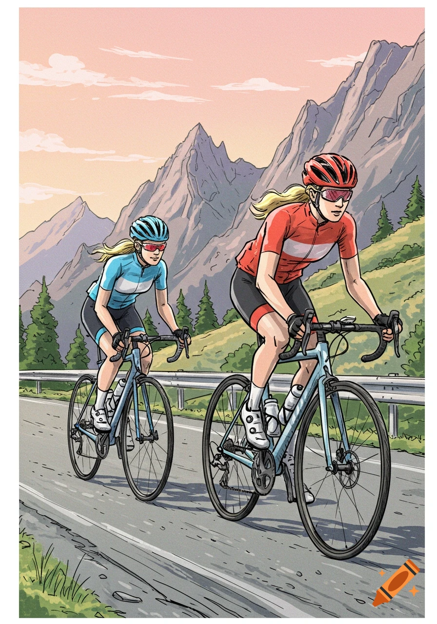 Illustrated scene of two blonde women in cycling gear riding road bikes uphill on a mountain road, with peaks and pine trees under a sunset sky.