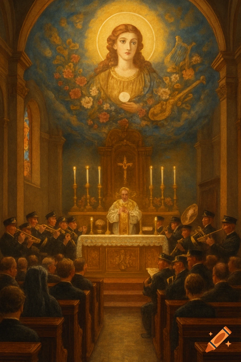 A religious painting depicting a church mass with a priest, a band, and a congregation, overseen by an ethereal Saint Cecilia with a golden halo and flowers.