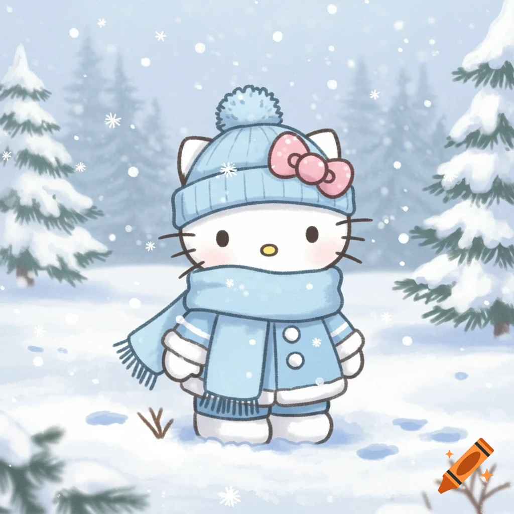 Hello Kitty wearing a blue hat, scarf, and coat, standing in a snowy forest with falling snowflakes.