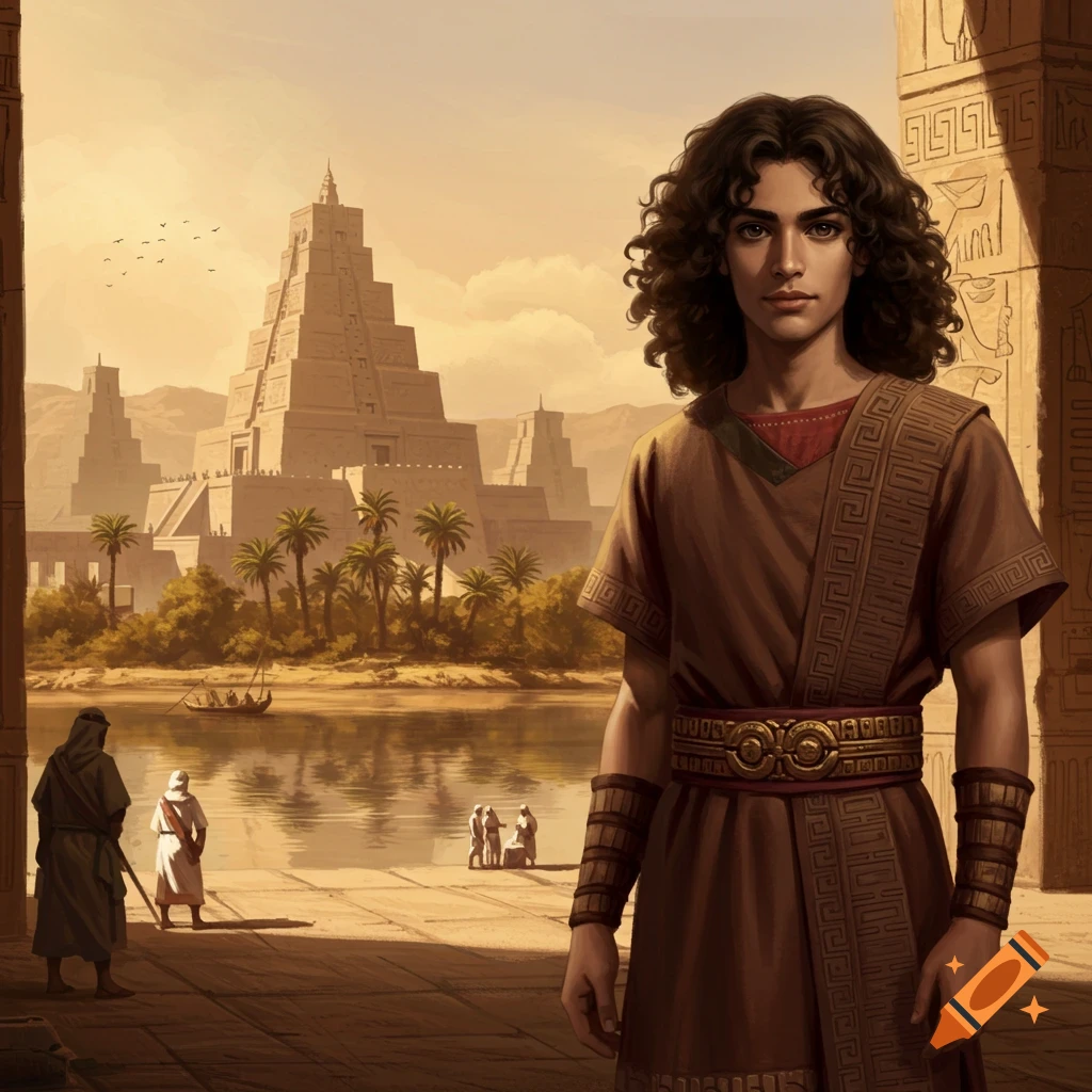A young man in ancient attire stands before a river and Mesopotamian ziggurats at sunset, digital painting.