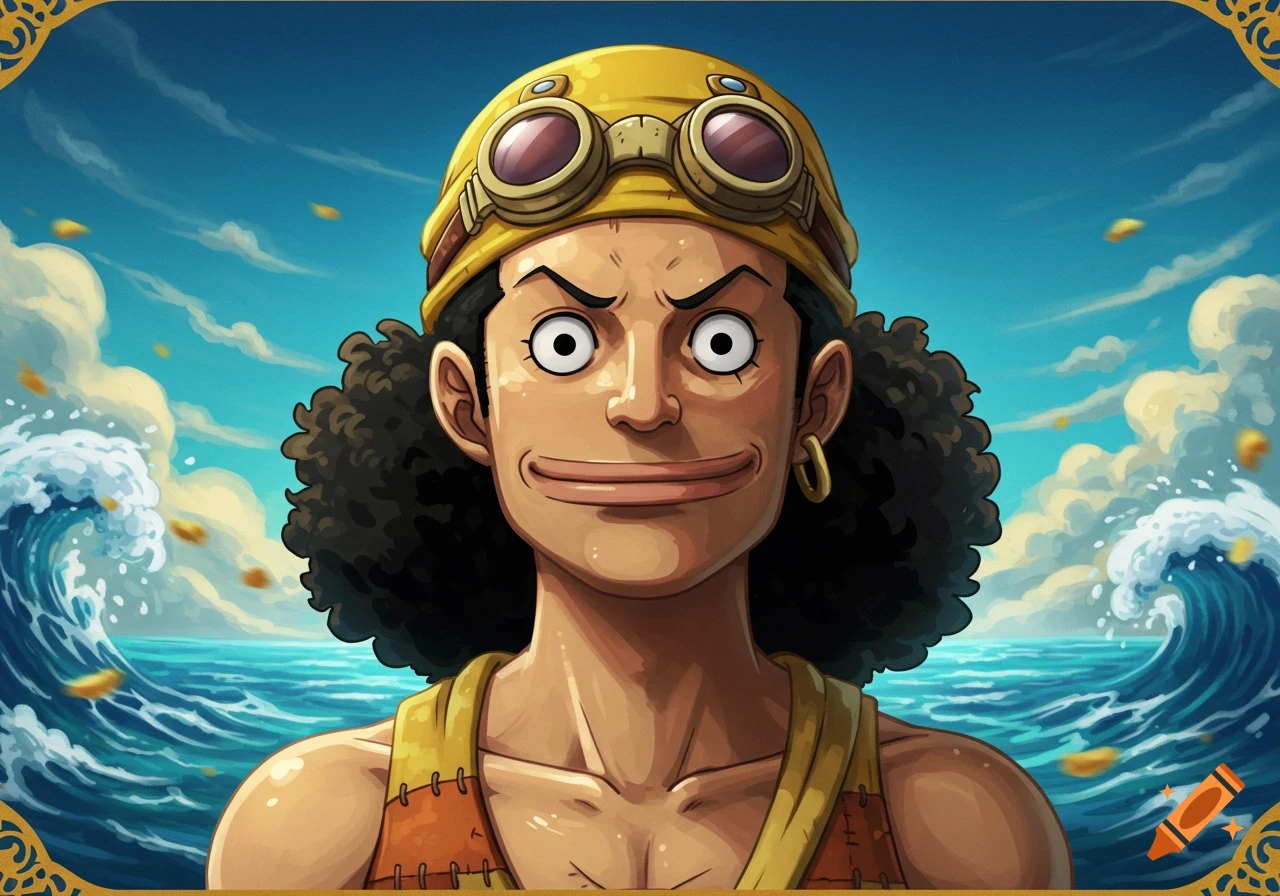 Anime style close-up of Usopp from One Piece with wide eyes and a smile, against a wavy ocean background.