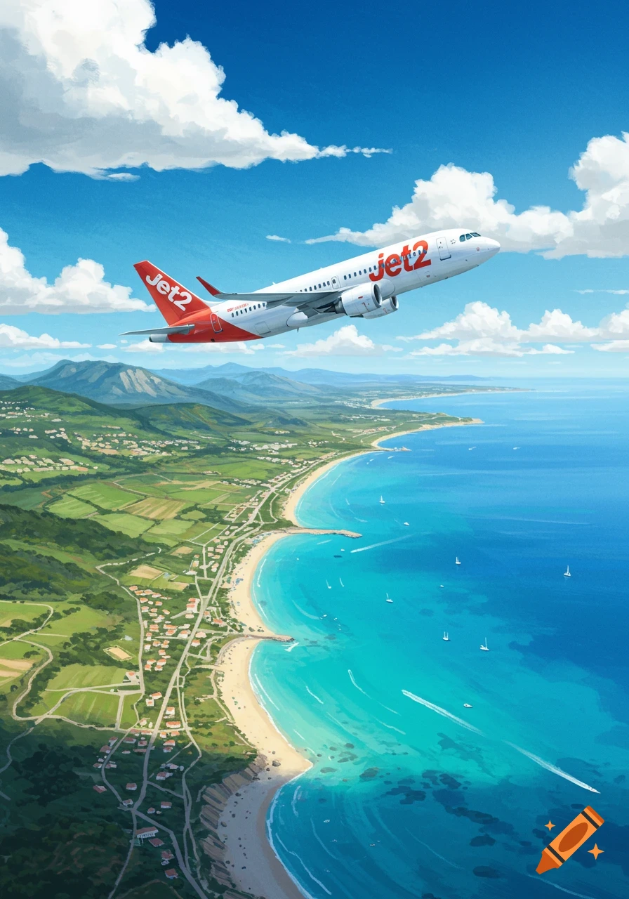 A white Jet2 airplane with a red tail flies over a beautiful, illustrated coastal landscape featuring turquoise waters, sandy beaches, and green hills.