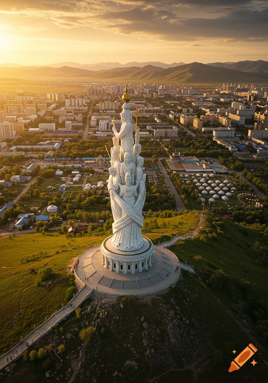 An aerial view of a large white multi-figure statue on a green hill overlooking a city at sunset, with mountains in the background, in a realistic style.
