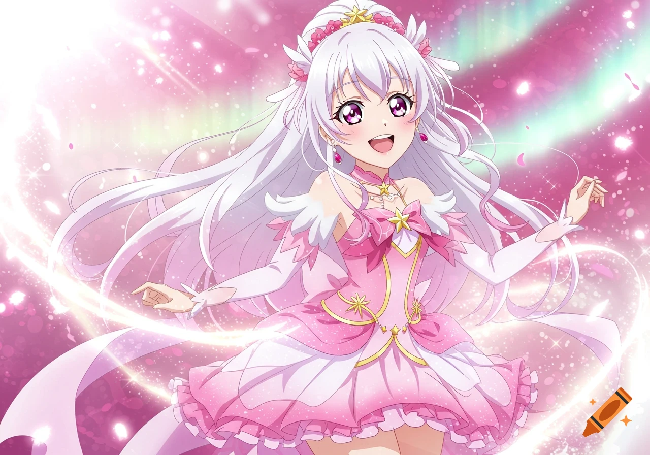 Smiling anime magical girl with long white hair, pink eyes, in a pink dress with bows and stars, surrounded by glowing pink particles.