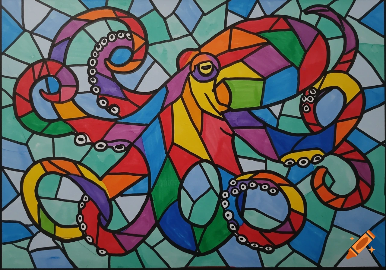 A vibrant cubist octopus in a stained glass style, made of many colorful geometric shapes outlined in black.
