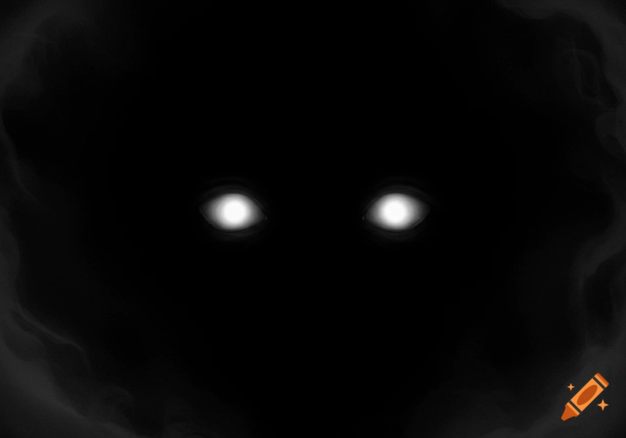 Two glowing white eyes stare out from a dark, shadowy background.