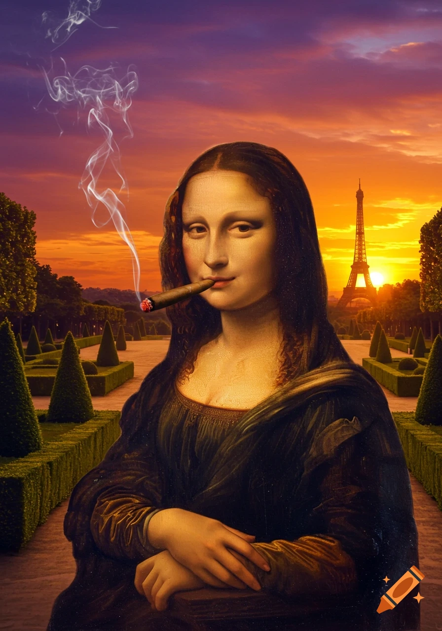 Mona Lisa smokes a cigar in a classical painting style, set against a photorealistic French garden with the Eiffel Tower at a vibrant sunset.