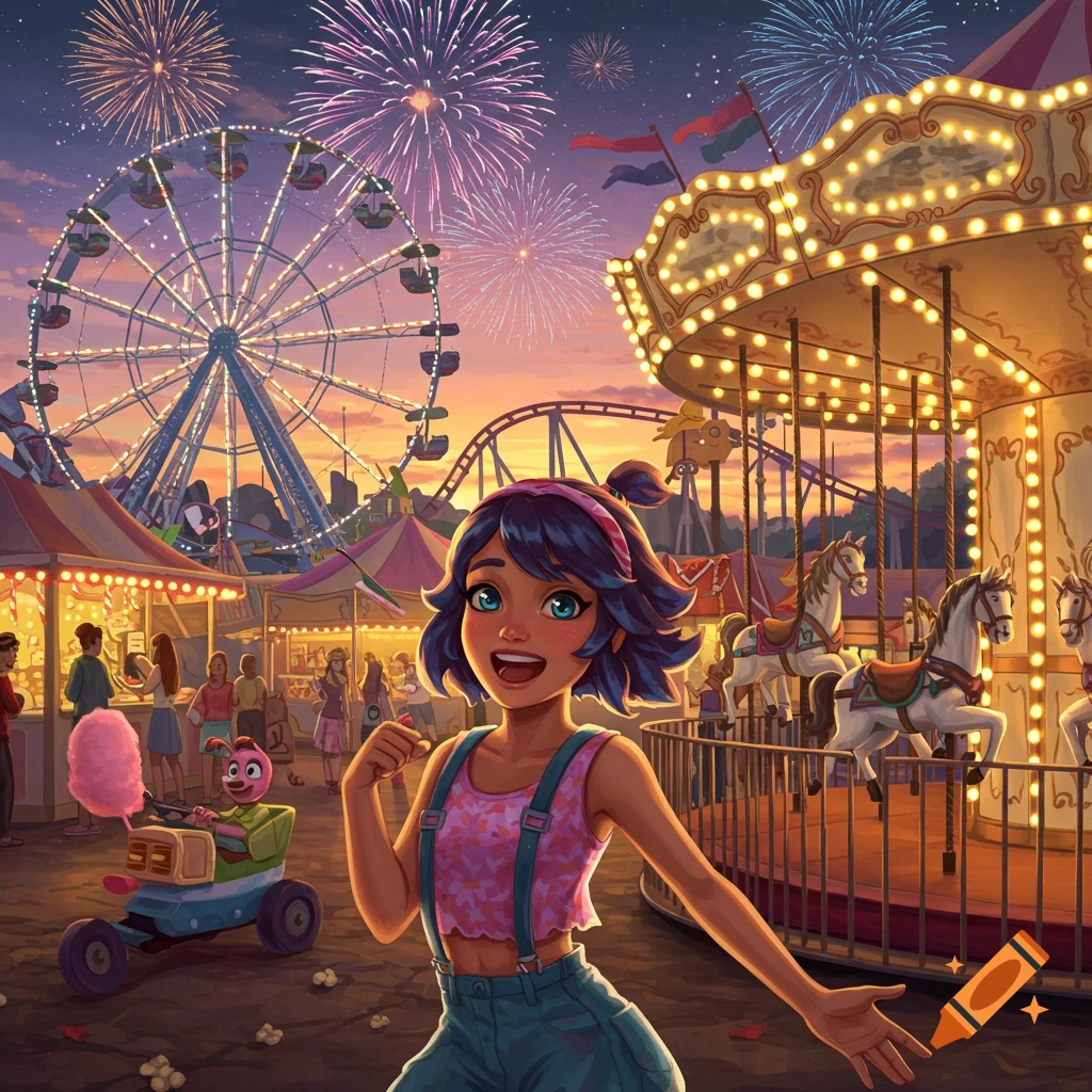 A happy cartoon girl in a pink top and overalls stands at a vibrant amusement park with a lit-up Ferris wheel, carousel, and fireworks at dusk.