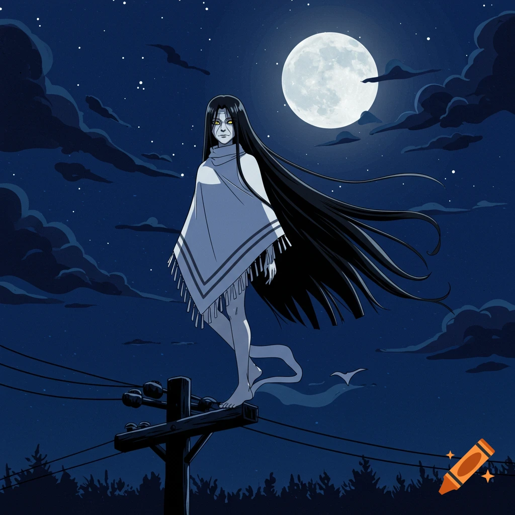 Anime ghost woman with long black hair, yellow eyes, and a white poncho, standing on a telephone pole at night with a full moon.