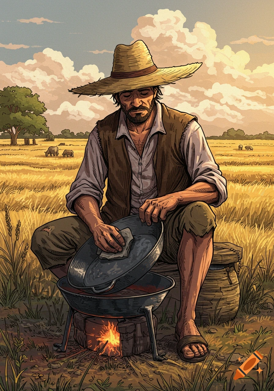 An illustrated man in a straw hat and peasant clothes cooks over a small fire in a golden field under a cloudy sky.