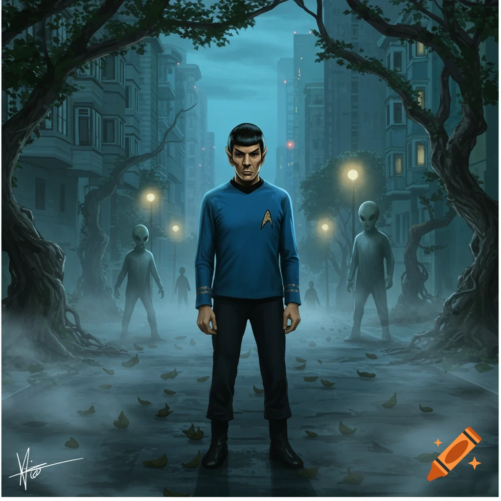 Illustration of Spock on a foggy city street at night, surrounded by shadowy grey aliens.