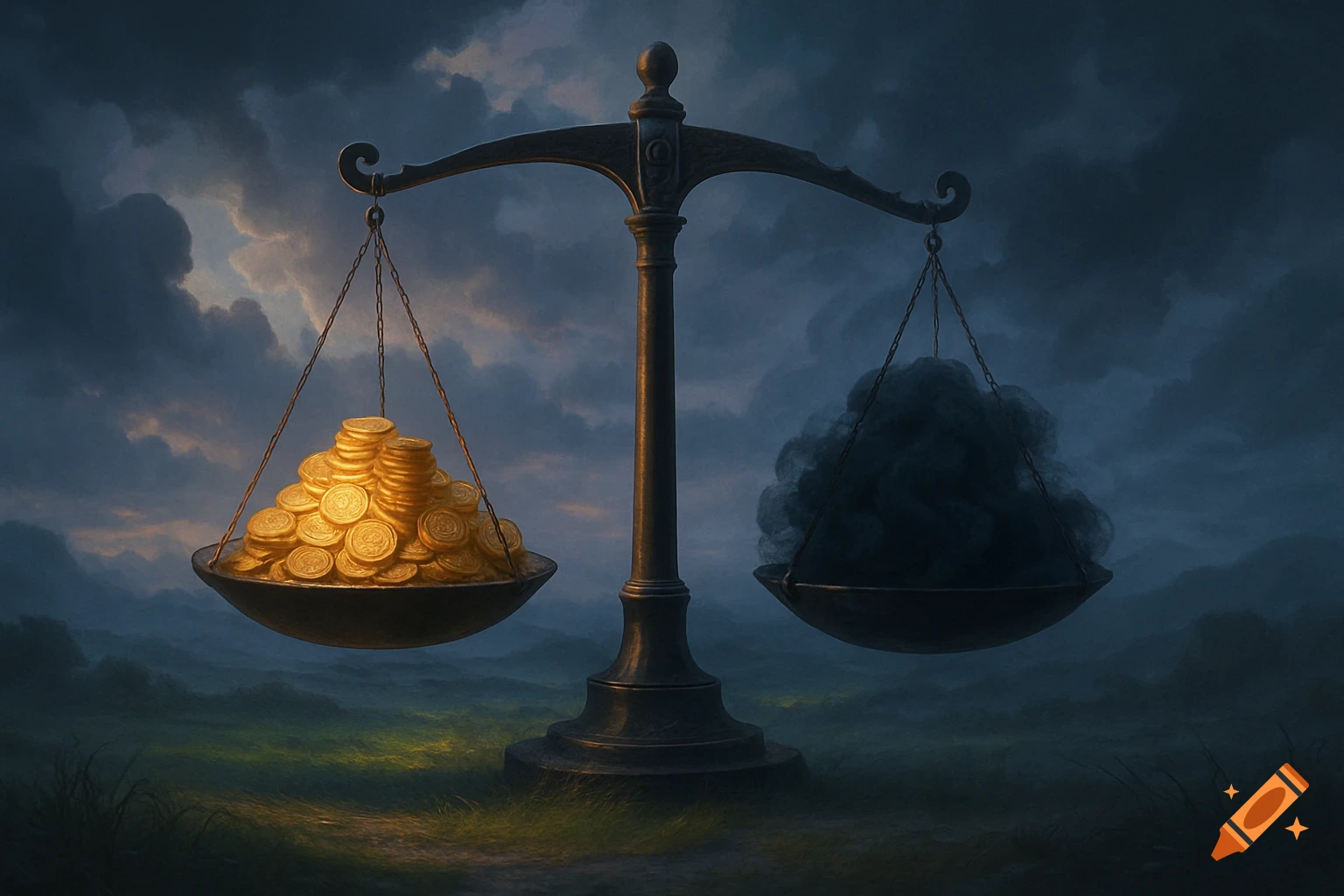A balance scale in a grassy field under a stormy sky, with gold coins on one side and a dark smoky cloud on the other.