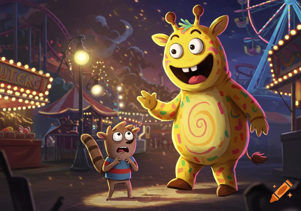 A scared brown cartoon raccoon looks up at a smiling yellow giraffe mascot in a colorful amusement park at night.