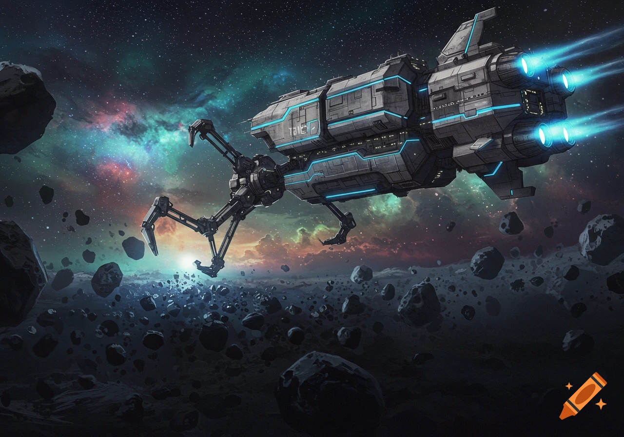 A futuristic grey spaceship with glowing blue engines and robotic arms flies through an asteroid field with a colorful nebula.