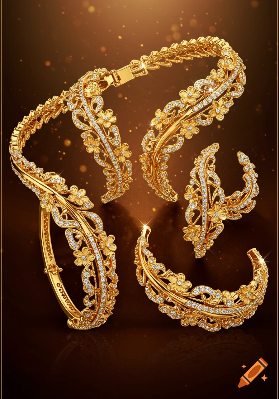 Intricate golden floral jewelry set with diamonds, featuring bracelets and earrings, on a sparkling brown background.