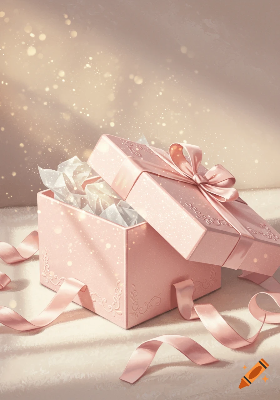 A stylized illustration of an open light pink gift box with a satin ribbon, tissue paper, and sparkling glitter.