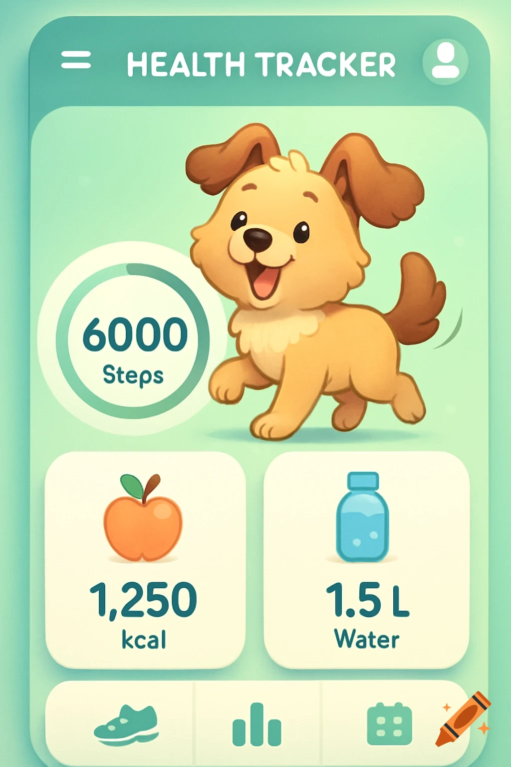A cute cartoon dog mascot on a green health tracker app UI showing 6000 steps, 1,250 kcal, and 1.5 L water.