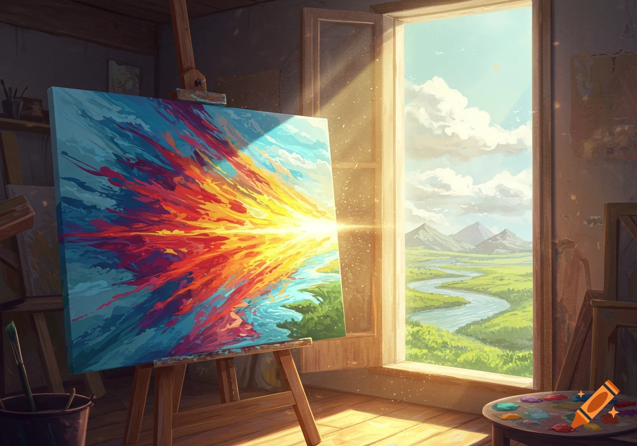 An artist's studio with a vibrant abstract painting on an easel. Through a large window, a serene landscape with a winding river and mountains is visible, bathed in sunlight.