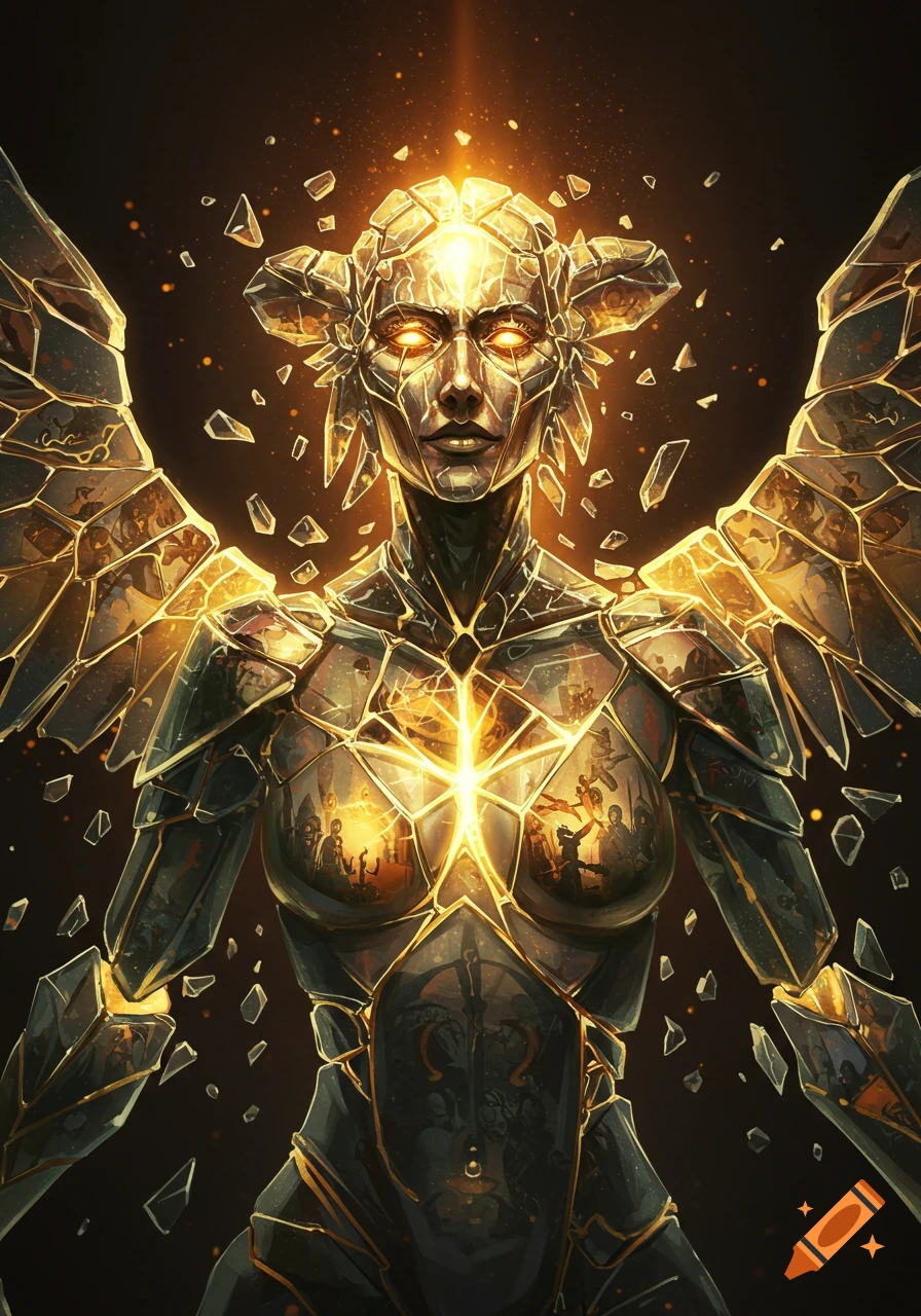 A shattered-glass angel with glowing eyes and wings, light streaming between its fragments which reflect tiny battle scenes.