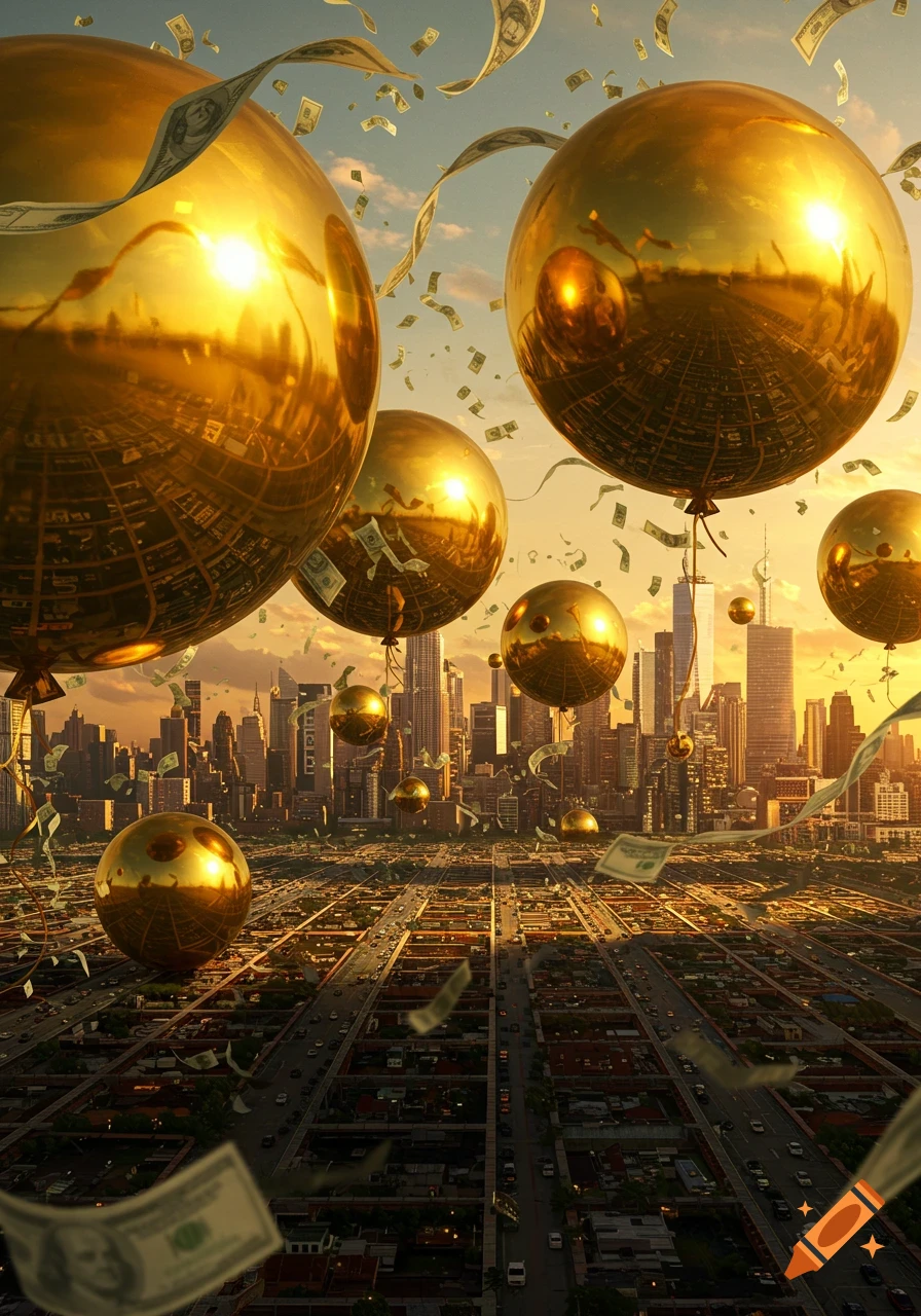 Photorealistic image of golden balloons and dollar bills floating above a sprawling city at sunset.