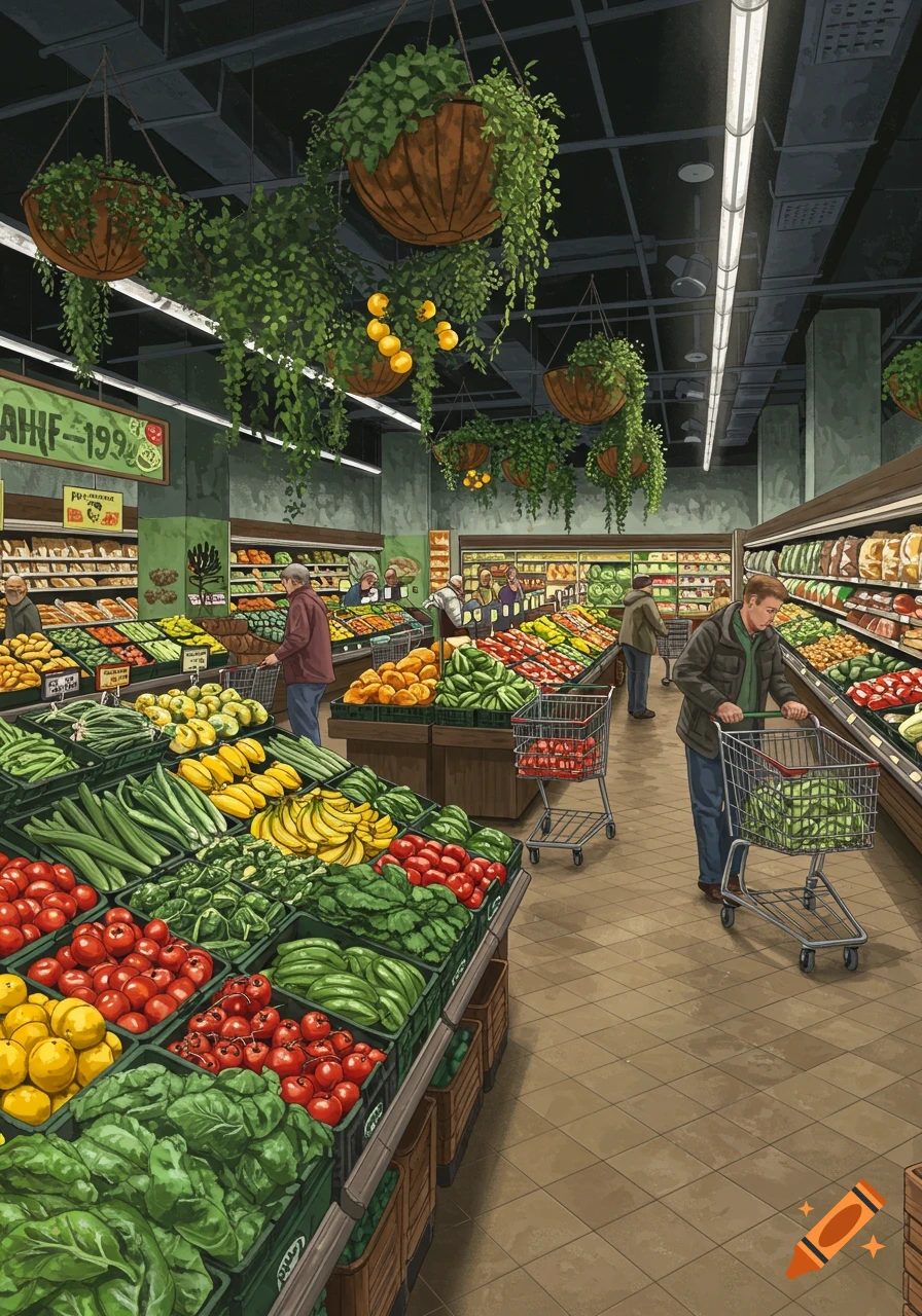Illustration of a bustling grocery store with shelves of fresh produce, customers shopping, and plants hanging from the ceiling.
