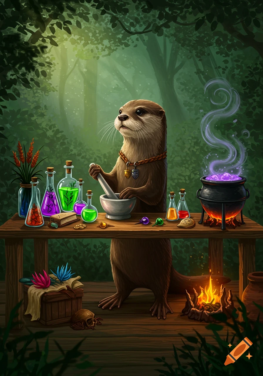 An otter alchemist mixes potions at a wooden table with a bubbling cauldron and vials in a mystical forest.
