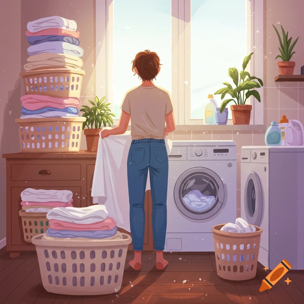 A person stands in a sunlit laundry room, folding clothes next to washing machines and baskets of clean laundry in an illustration.