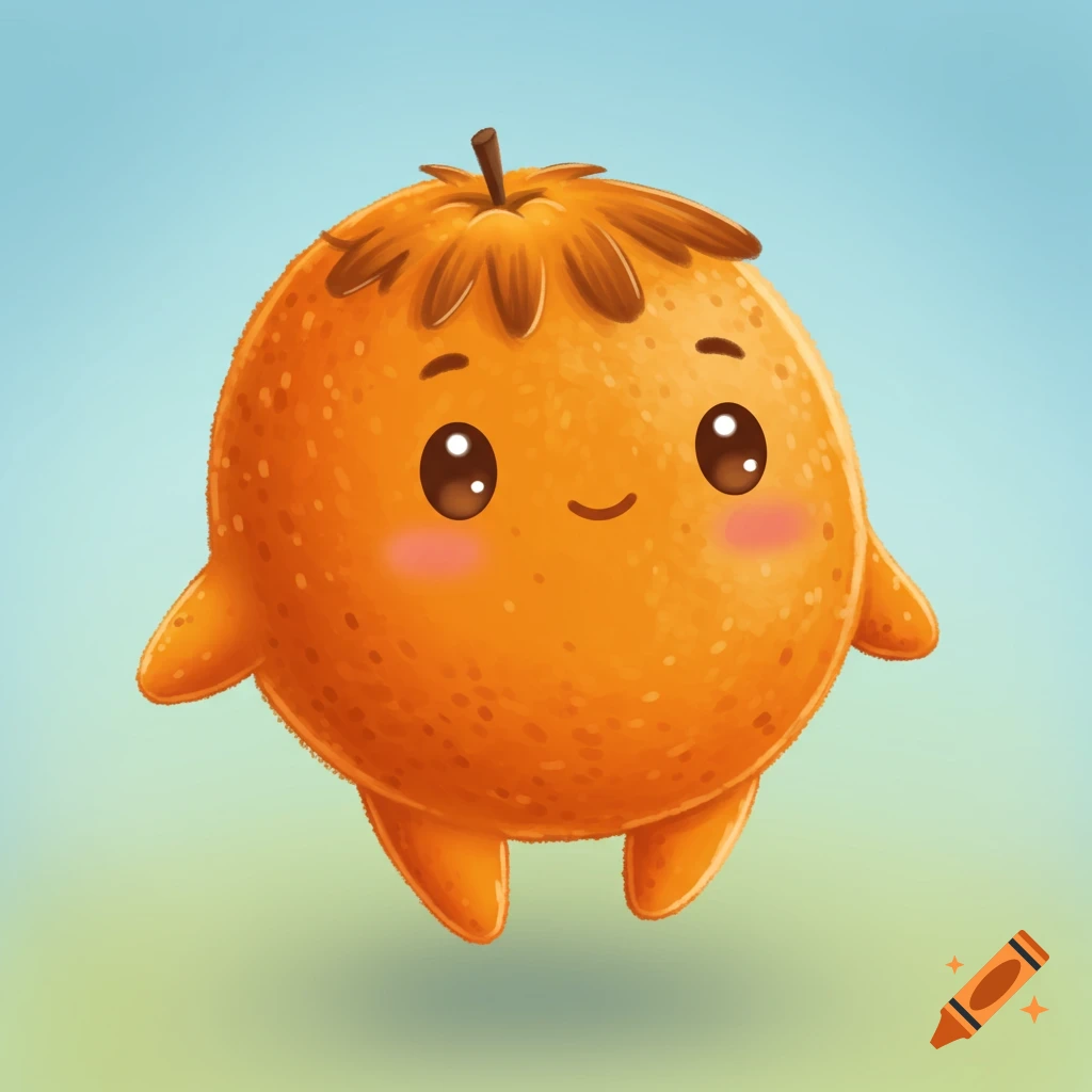 A cute, round, orange cartoon fruit character with big eyes, a stem, and small limbs, set against a blue and green background.