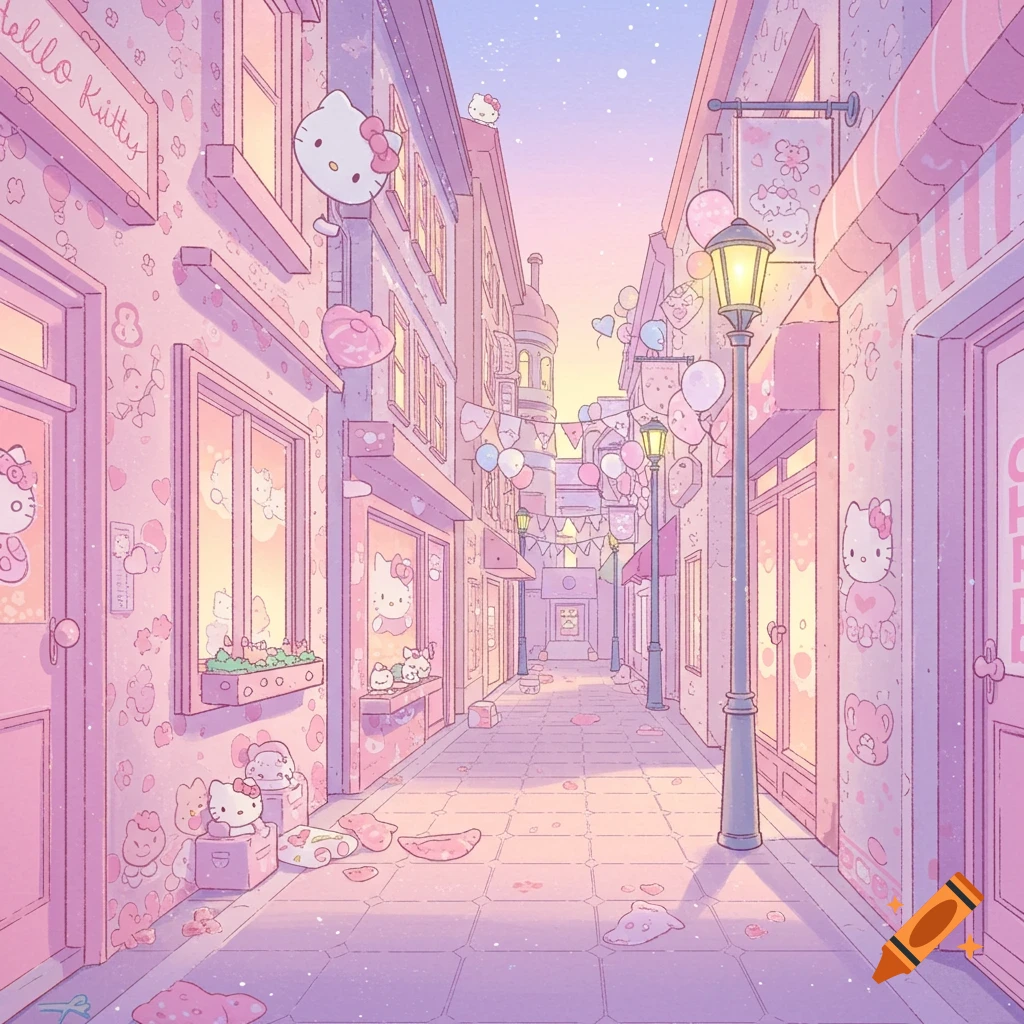 A pastel pink and purple anime street scene featuring Hello Kitty characters, balloons, and shop signs, in a one-point perspective.