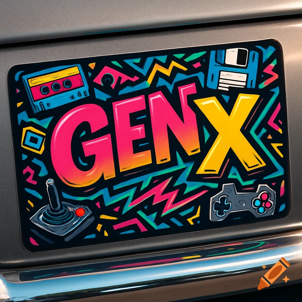 A vibrant neon 'GEN X' bumper sticker on a car, surrounded by retro patterns and icons like a cassette, floppy disk, joystick, and gamepad.